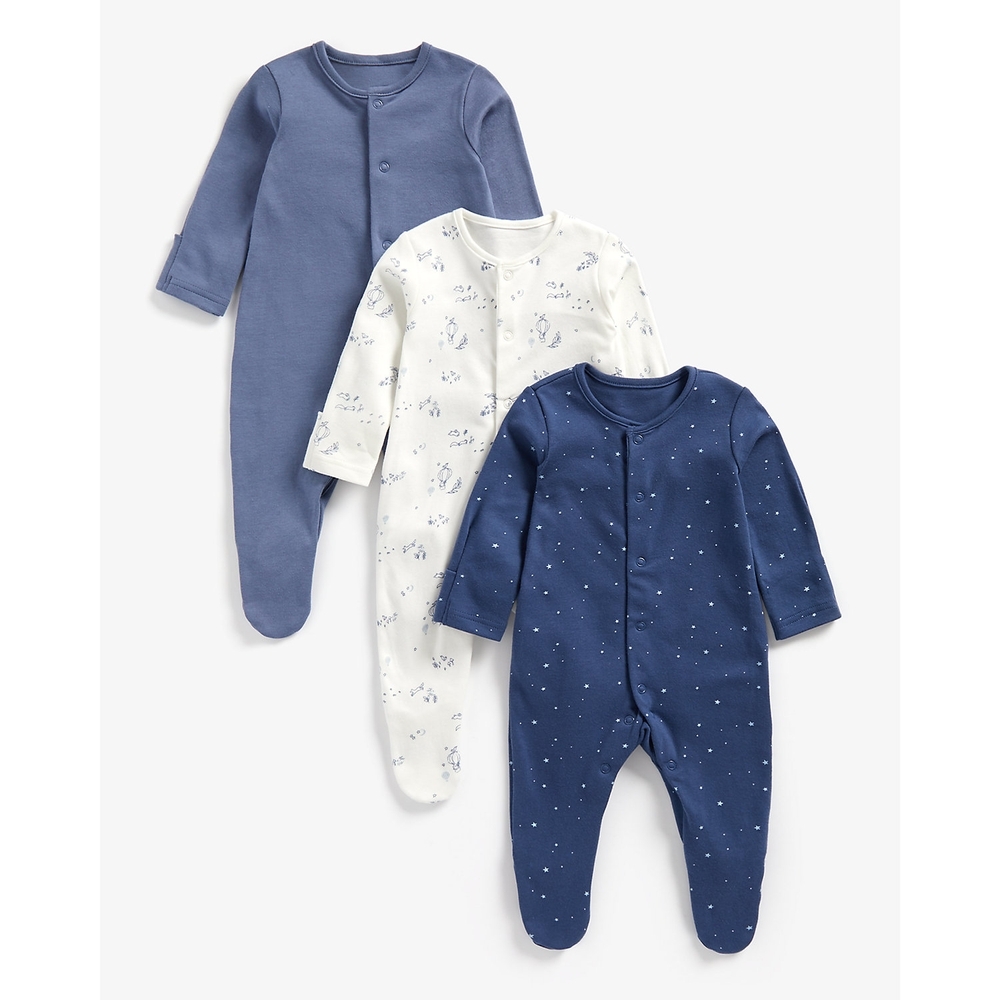 

Boys Full Sleeves Sleepsuit Star And Hot Air Balloon Print - Pack Of 3 - Blue