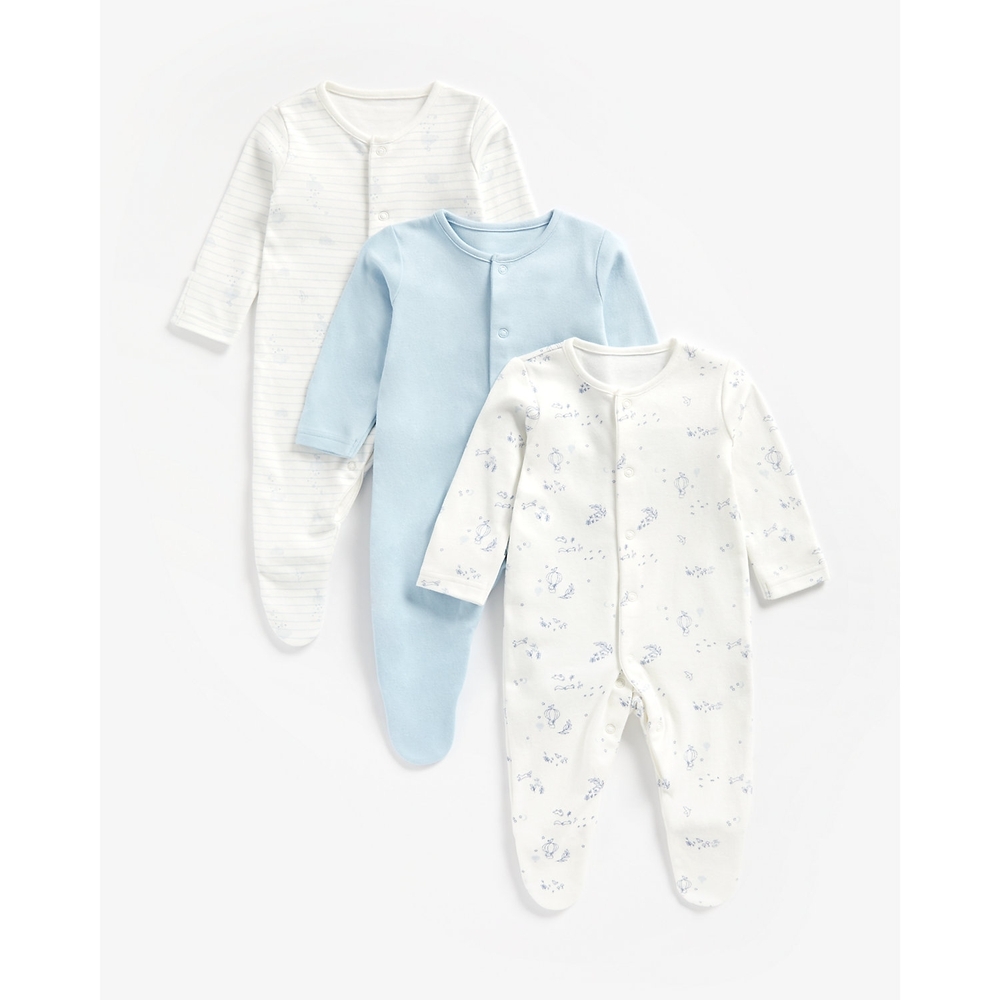 

Boys Full Sleeves Sleepsuit Striped And Printed - Pack Of 3 - Blue