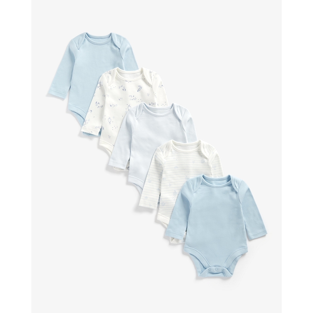 

Boys Full Sleeves Bodysuit Striped And Printed - Pack Of 5 - Blue
