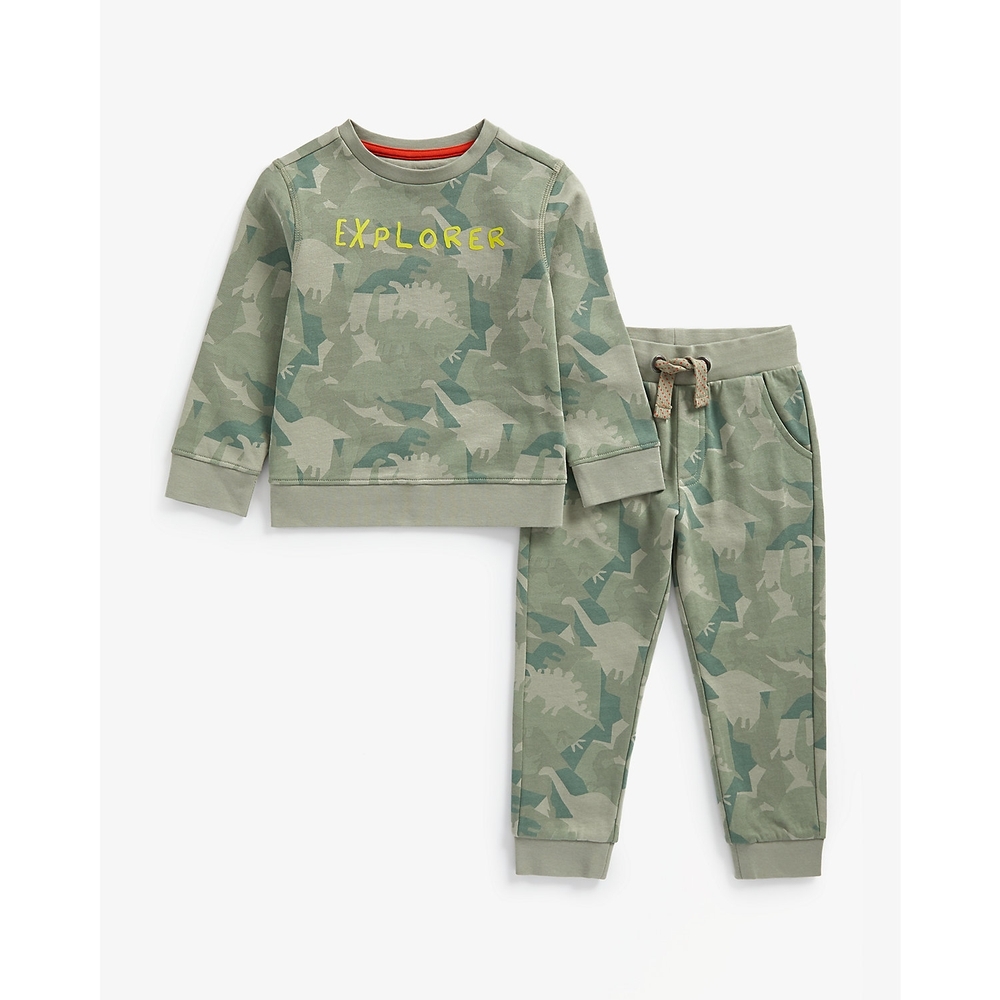 

Boys Full Sleeves Jog Set Dino Camouflage Print - Green