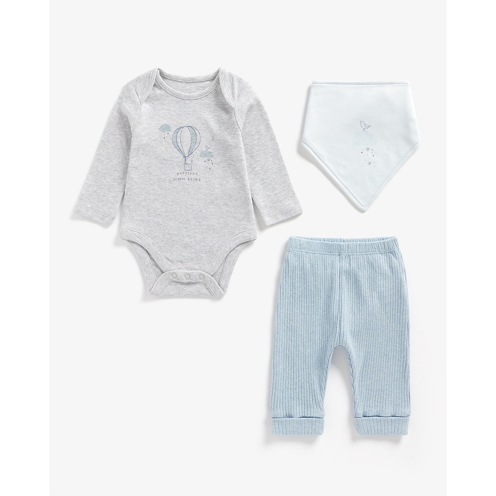 

Boys Full Sleeves 3 Piece Set Hot Air Balloon Embroidery - Blue