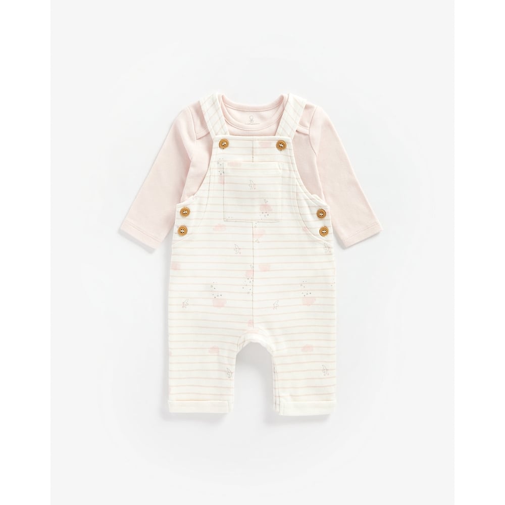 

Girls Full Sleeves Dungaree Set Cloud Print - Pink