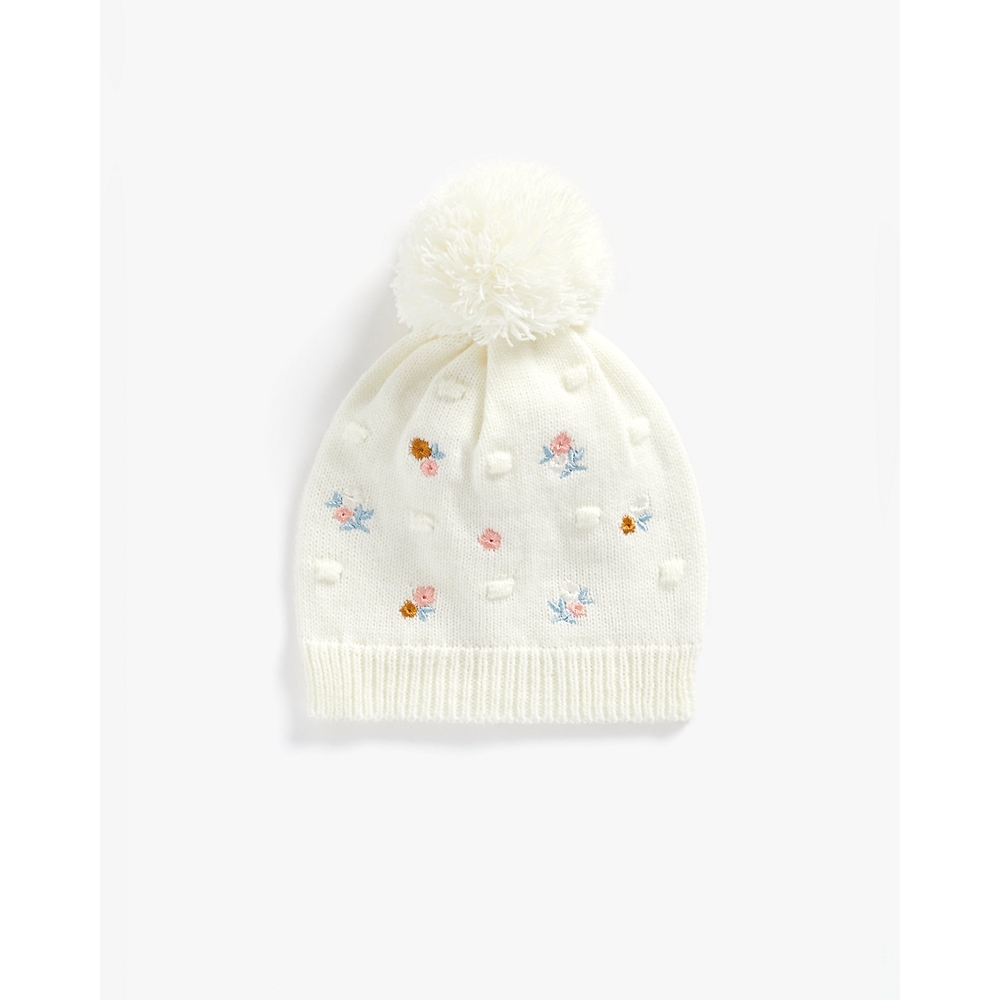 

Girls Pom Pom Beanie Floral Embroidery - Cream