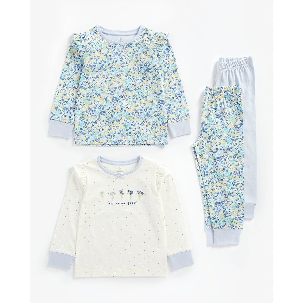 

Girls Full Sleeves Pyjama Set Floral Print - Pack Of 2 - Blue