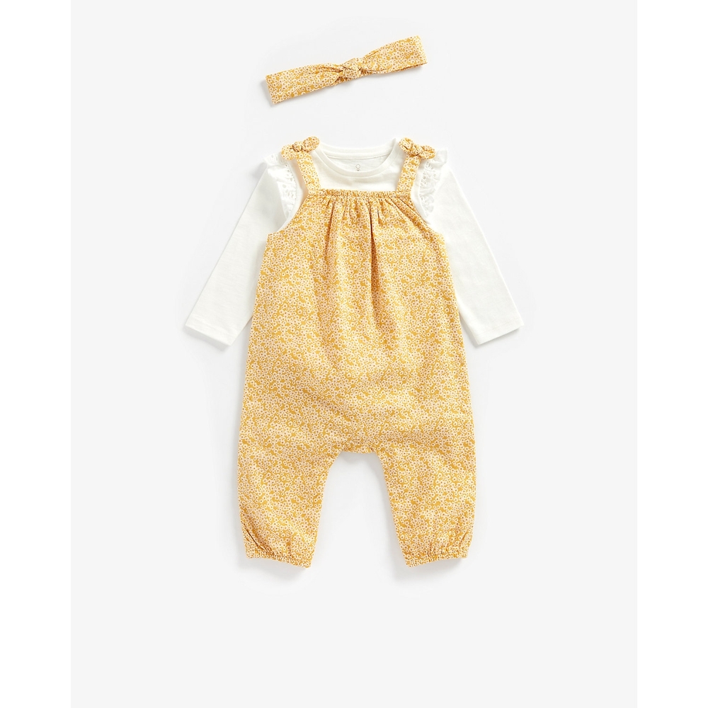 

Girls Full Sleeves Dungaree And Headband Set Floral Print - Mustard