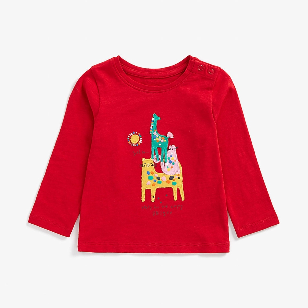 

Girls Full Sleeves T-Shirt Animal Embroidery - Red