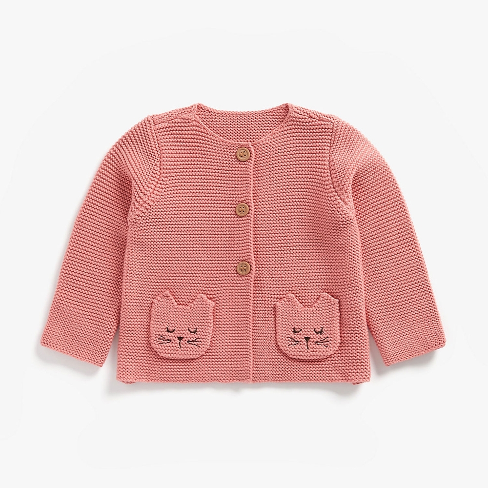 

Girls Full Sleeves Cardigan Embroidered Cat Pockets - Pink