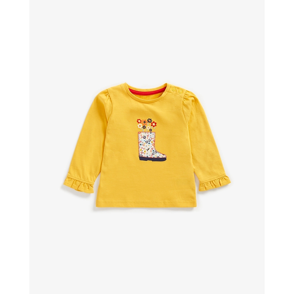 

Girls Full Sleeves T-Shirt Floral Embroidery And Boot Patchwork - Mustard