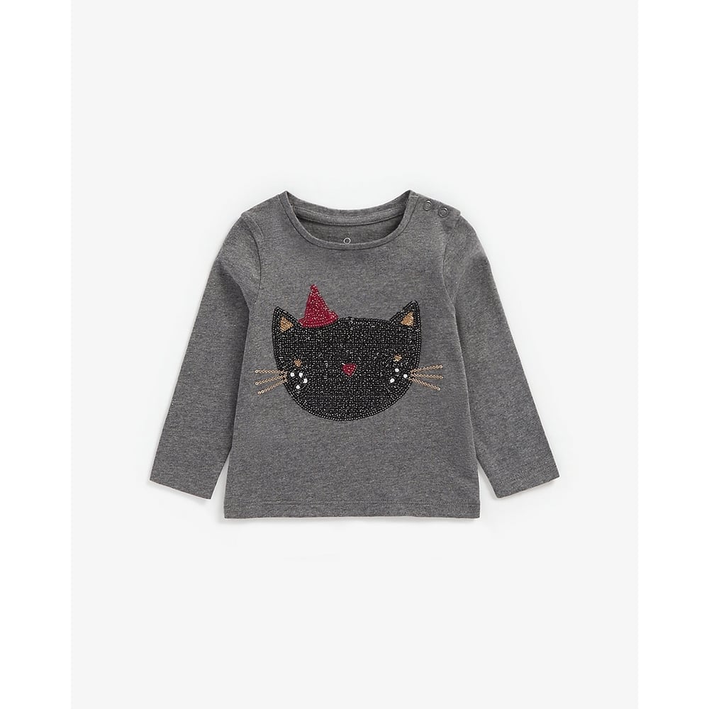

Girls Full Sleeves T-Shirt Cat Sequin Detail - Grey