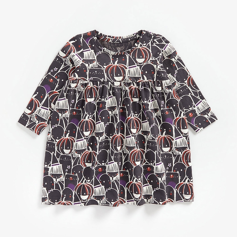 

Girls Full Sleeves Dress Halloween Pumpkin Print - Grey