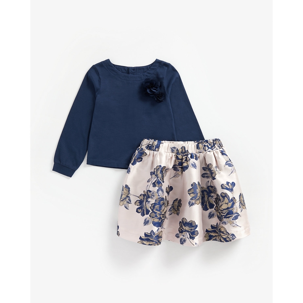 

Girls Full Sleeves Top And Skirt Set 3D Flower Detail - Navy