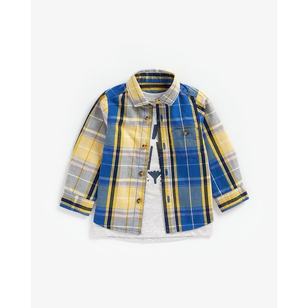 

Boys Full Sleeves Check Shirt And Tee Set Tiger Embroidery - Blue