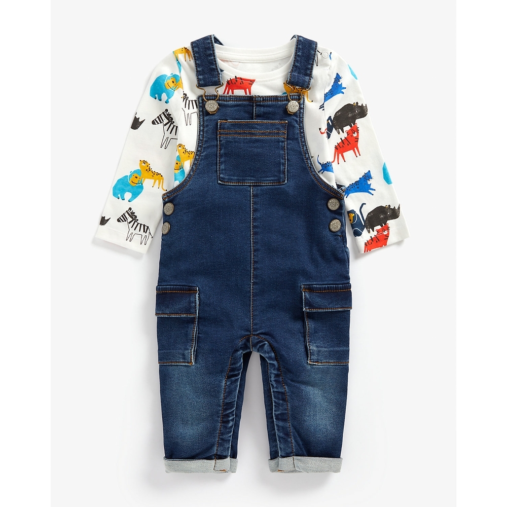 

Boys Full Sleeves Denim Dungaree Set Animal Print - Blue