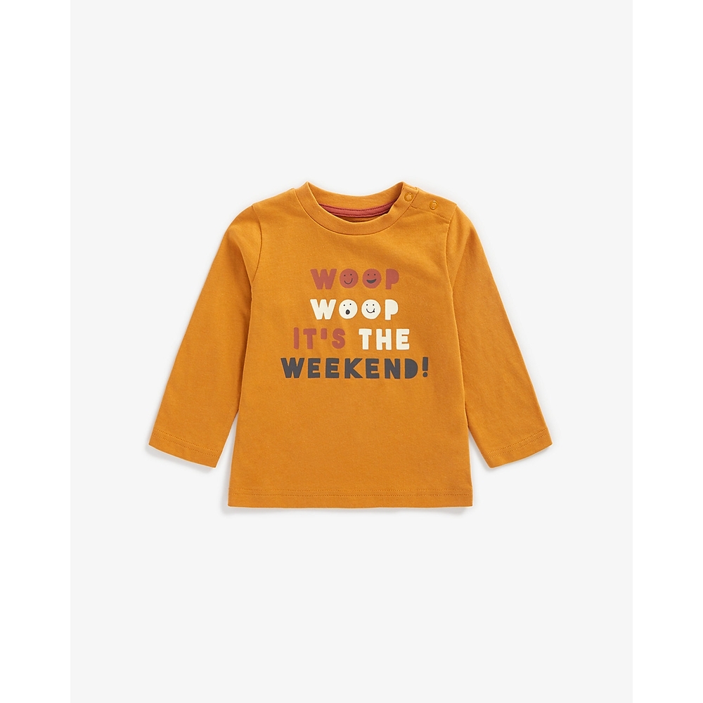 

Boys Full Sleeves T-Shirt Text Print - Mustard