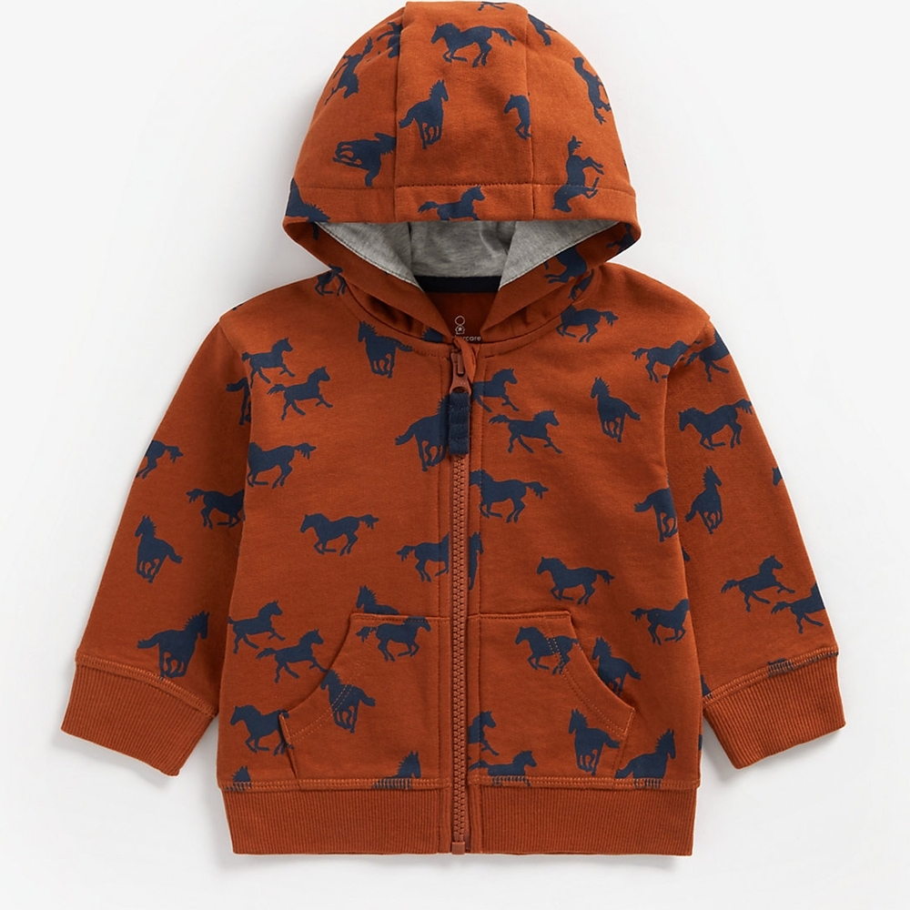 

Boys Full Sleeves Hooded Sweatshirt Horse Print - Brown