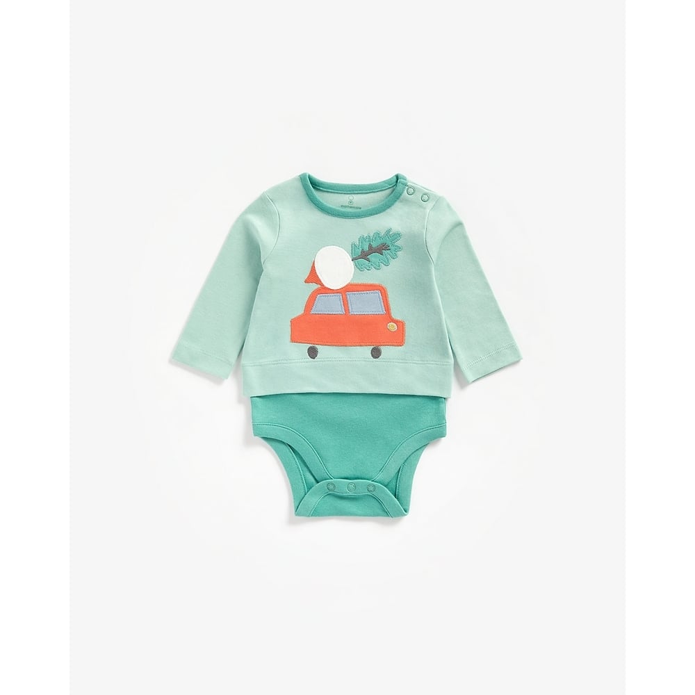 

Boys Full Sleeves Mock Bodysuit Car Patchwork - Green