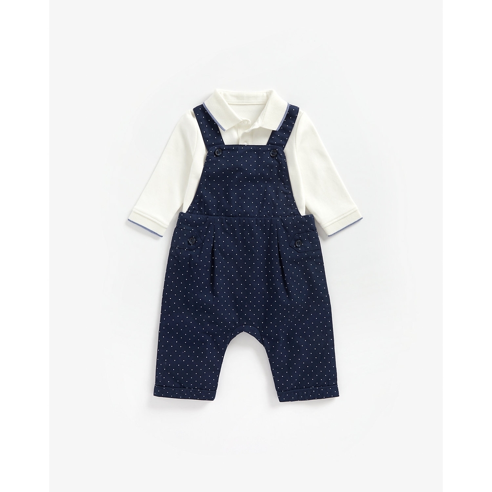 

Boys Full Sleeves Polo Bodysuit And Dungaree Set Spot Print - Navy