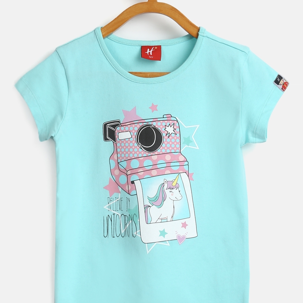 

H by Hamleys Girls Short Sleeves T-Shirt Unicorn Print-Blue