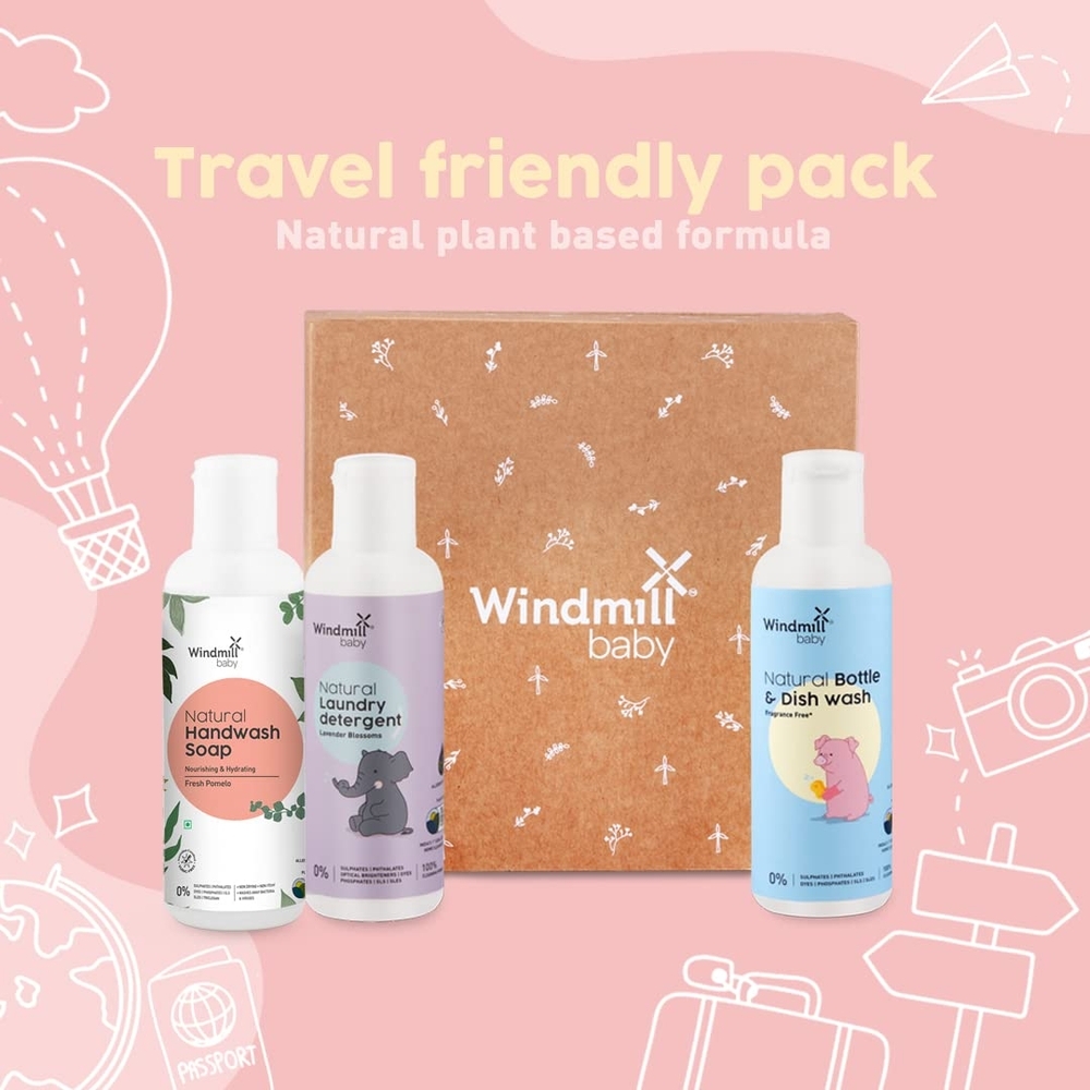 

Windmill baby Natural Cleaning Travel Pack Bottle Wash 100ml + Lavender Blossoms Laundry Detergent 100ml + Fresh Pomelo Hand Wash 100ml