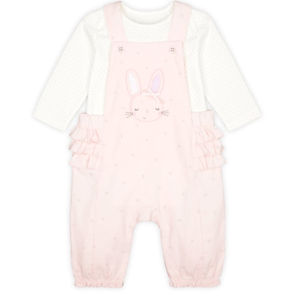 

Girls Full Sleeves Cord Dungaree Set Bunny Embroidery With Frill Details - Pink