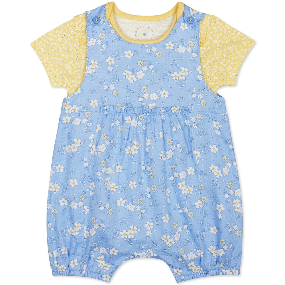 

Girls Half Sleeves Dungaree Set Floral Print - Blue Yellow