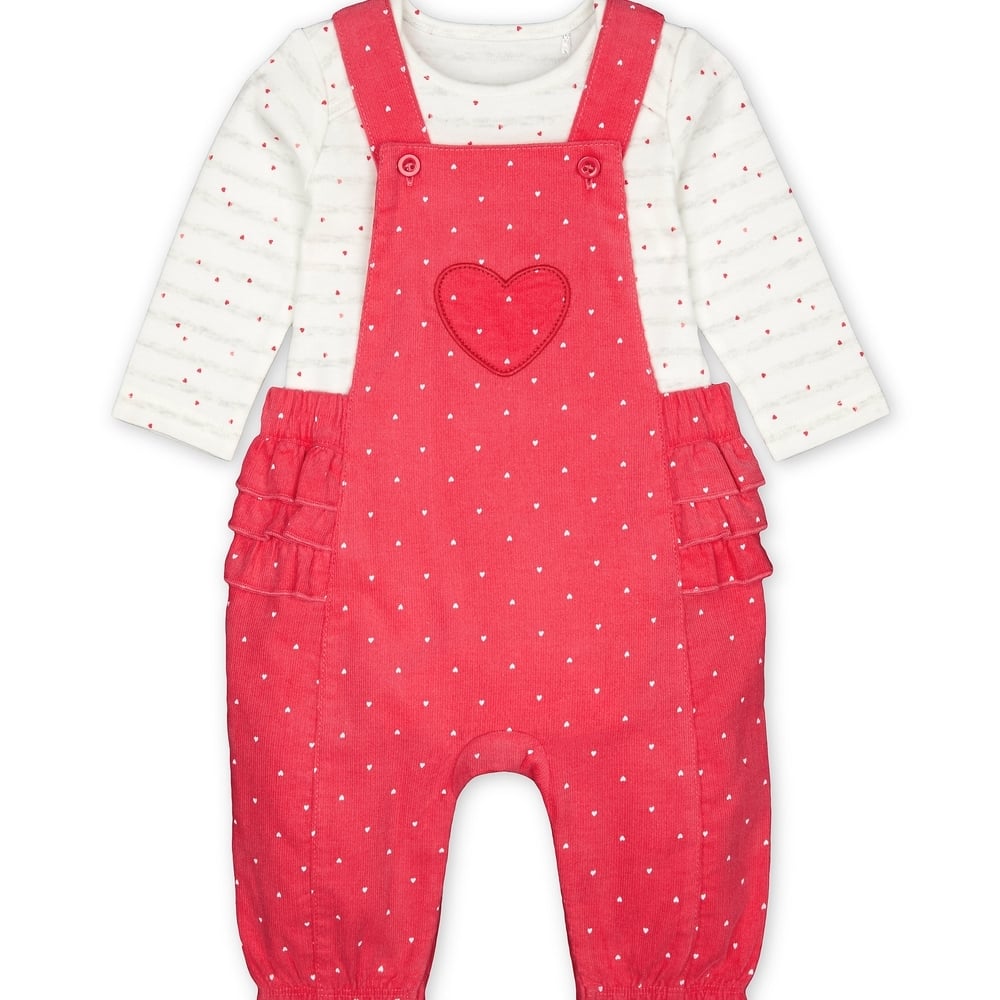 

Girls Full Sleeves Cord Dungaree Set Polka Dot Print With Frill Details - Pink White