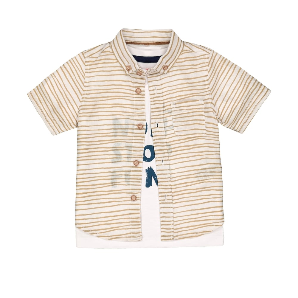 

Boys Half Sleeves Shirt And T-Shirt Set Stripe Text Print - White Beige