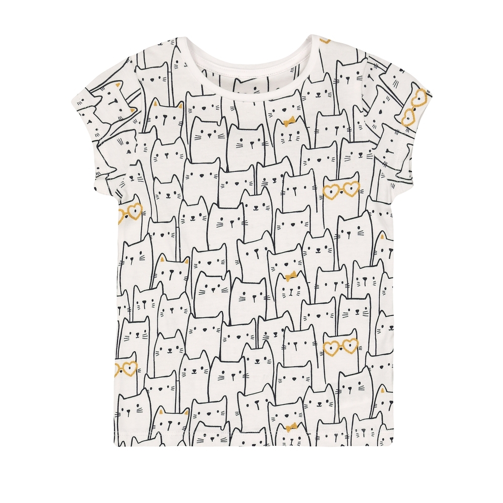 

Girls Half Sleeves T-Shirt Glitter Cat Print - White