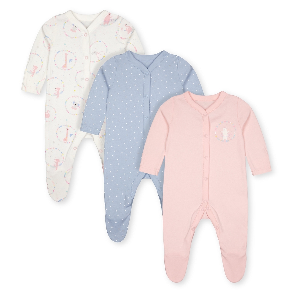 

Girls Sleepsuit Circus Print - Pack Of 3 - Blue Pink White