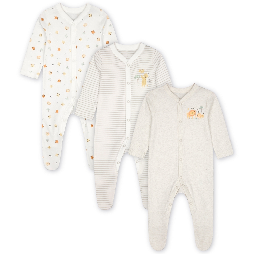 

Unisex Sleepsuit Stripes And Animal Print - Pack Of 3 - Cream