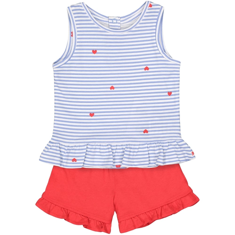 

Girls Sleeveless T-Shirt And Shorts Set Stripes And Heart Print - Blue Red