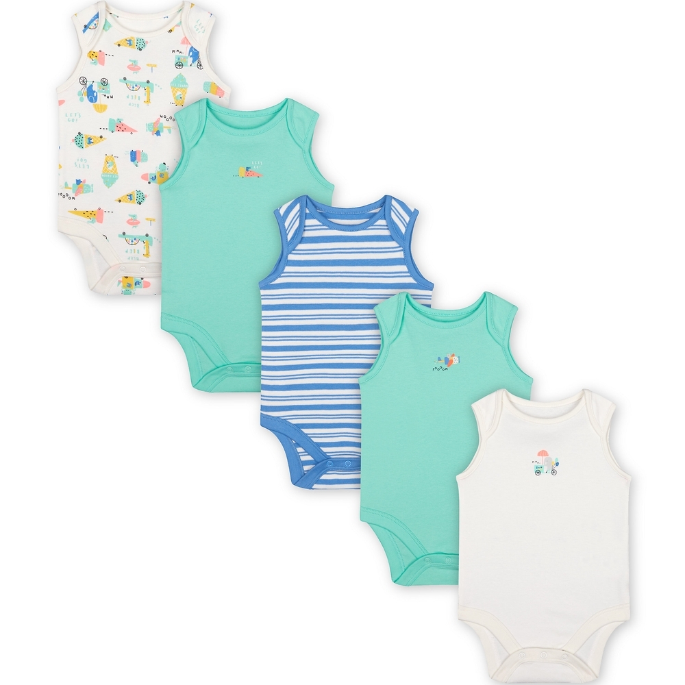 

Boys Sleeveless Bodysuit Stripes And Ice Cream Print - Pack Of 5 - Green Blue White