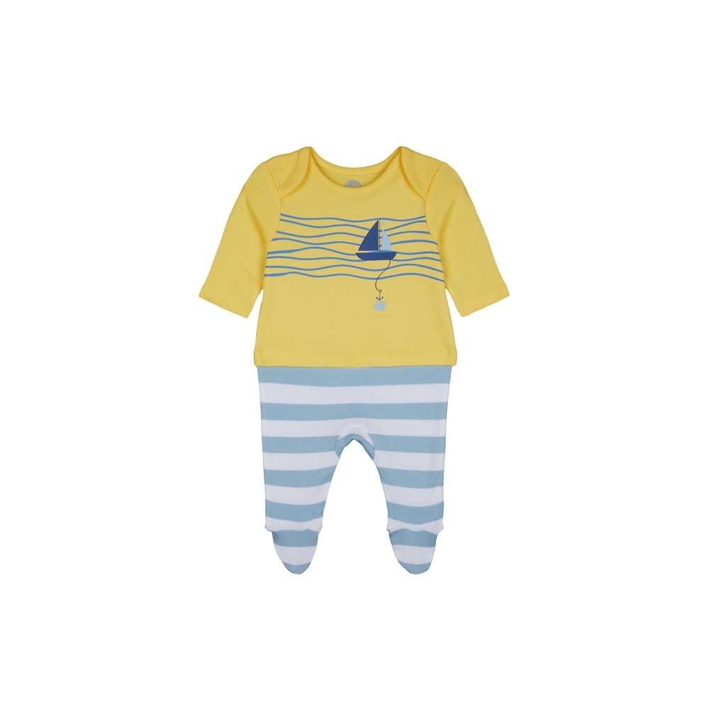 

Boys Full Sleeves Mock Romper Stripe And Boat Print - Yellow Blue