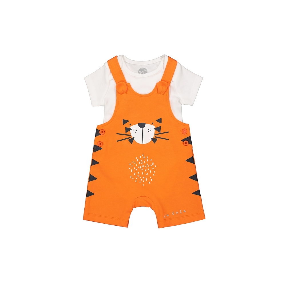 

Boys Half Sleeves Dungaree Set Tiger Print With 3D Ears - Orange White