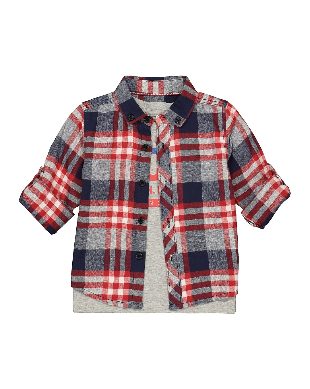 Boys Embroidery Checked Shirt 4-5Y / Grey / Short Sleeves