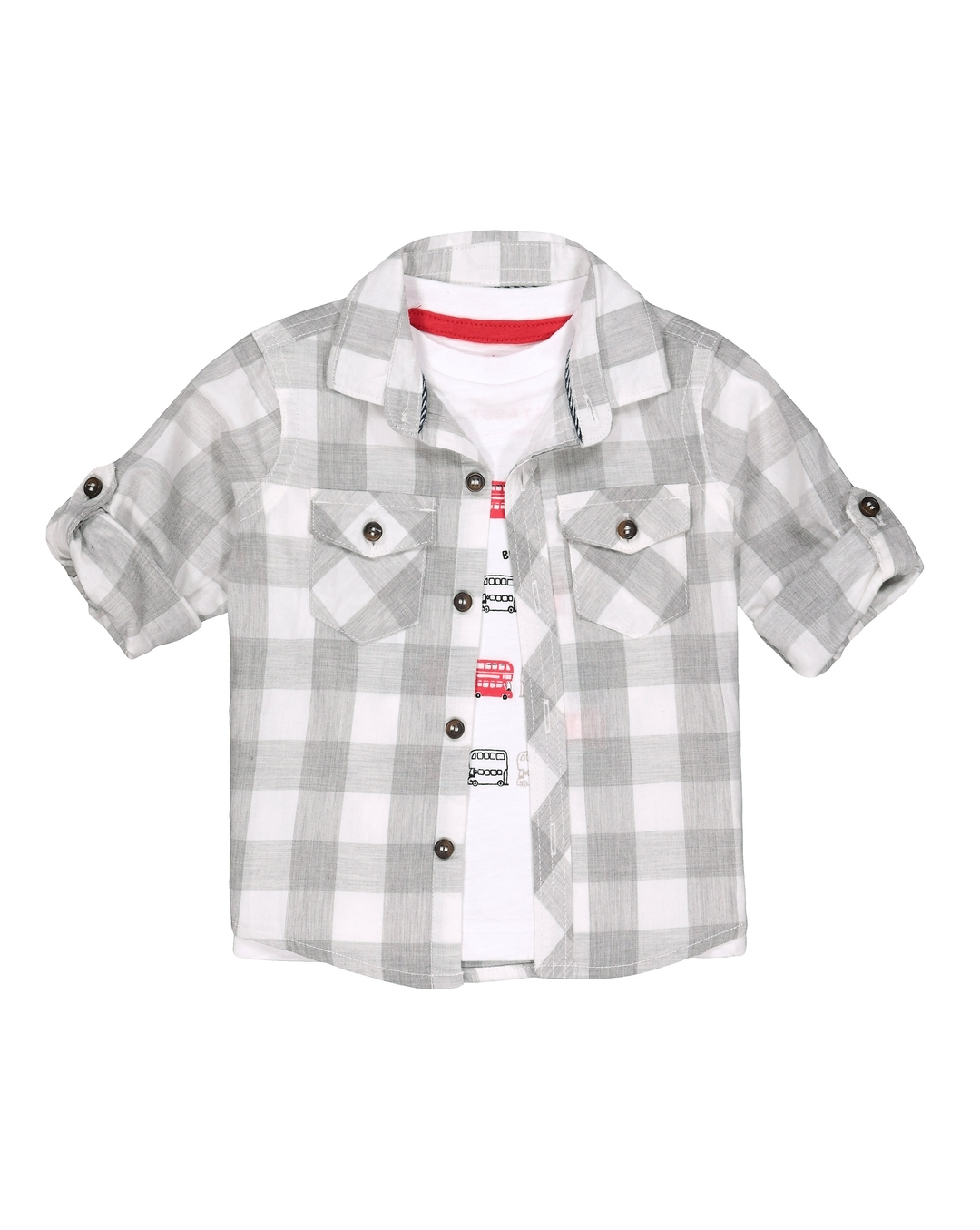 Boys Embroidery Checked Shirt 4-5Y / Grey / Short Sleeves