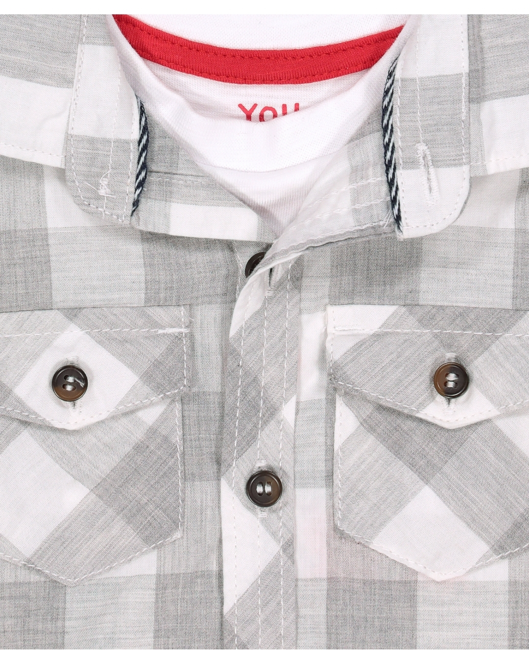 Boys Embroidery Checked Shirt 4-5Y / Grey / Short Sleeves