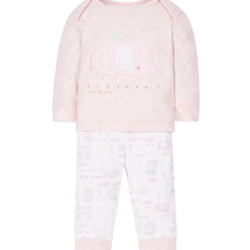 Girls Full Sleeves Elephant Embroidery Pyjamas - Pink