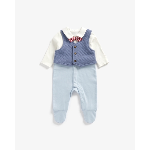 Boys Full Sleeves Mock Shirt, Waistcoat And Bow Tie Romper - Blue