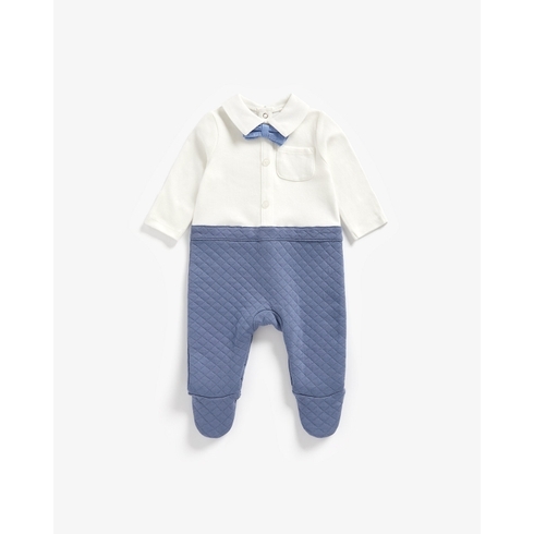 Boys Full Sleeves Mock Romper With Bow Tie - Blue