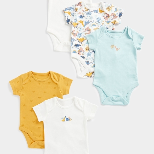 Mothercare Unisex Half Sleeves Dino deisgn Bodysuit-Pack of 5-Multi