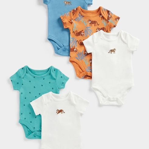 Mothercare Unisex Half Sleeves Tiger print Bodysuit-Pack of 5-Multi
