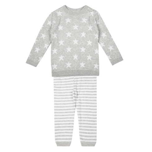 Girls Full Sleeves Star Print T-Shirt And Jogger Set - Grey