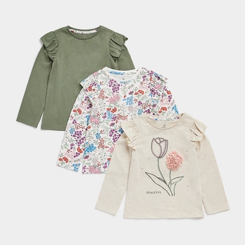 Mothercare Girls Full Sleeves Round Neck Tee -Pack Of 3 -Multi