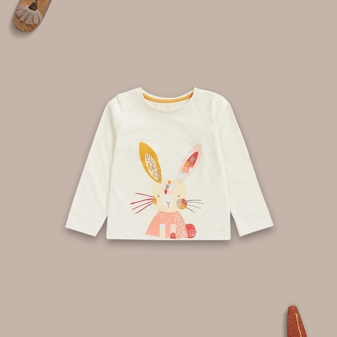 Girls Full Sleeves T Shirts Bunny Print-Cream