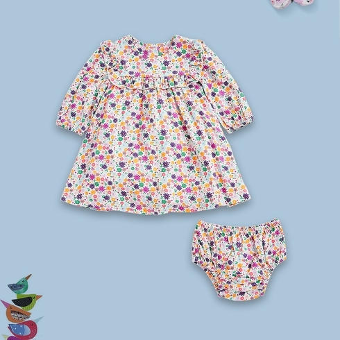 Girls Full Sleeves Dress With Matching Knickers Flower Print-Pack of 1-Multicolor