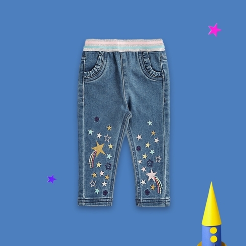 Girls Jeggings Stars Design & Elasticated Waistband-Pack of 1-Denim
