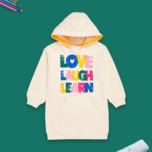 Girls Full Sleeves Sweatshirt Dress Love Laugh Learn-Cream
