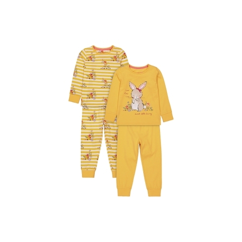Girls Full Sleeves Pyjama Set Stripe And Bunny Print - Pack Of 2 - Mustard