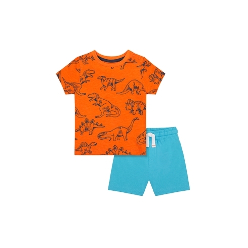 Boys Half Sleeves T-Shirt And Shorts Set Dino Print - Orange Blue